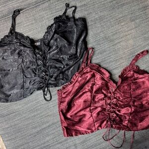 SHEIN Black and Burgundy Lace-Up Crop Tops